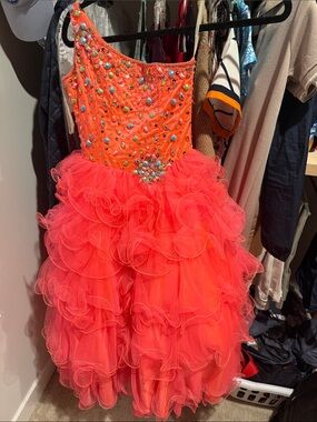 MacDuggal One-Shoulder Neon Coral Tulle Pageant Dress